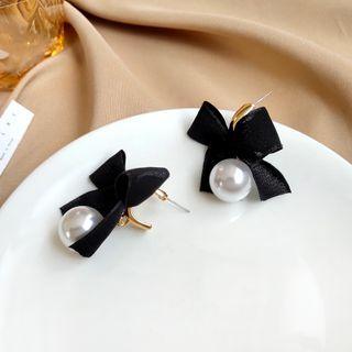 Faux Pearl Bow Drop Earring Ear Stud - 1 Pair - S925 Silver Stud - Black - One Size