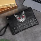 Cat Embroidered Studded Faux Leather Clutch