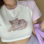 Cat Print Short-sleeve Crop Top / Mini Pencil Skirt