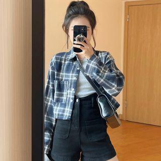 Long Sleeve Plaid Crop Shirt Jacket