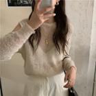 Round-neck Long-sleeve Cutout Sheer Woolen Top