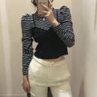 Long-sleeve Paneled Striped Knit Top Black - One Size