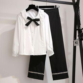 Set: Lace Trim Pintuck Blouse + Fringed Wide Leg Pants