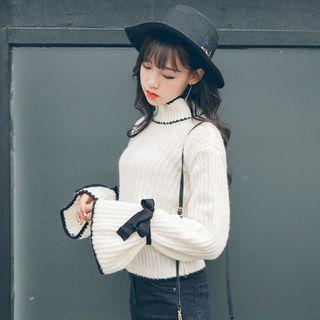 Mock Neck Contrast Trim Bow-cuff Sweater