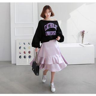 Tiered Ruffle-hem Satin Midi Skirt