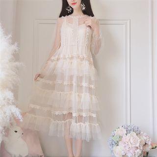 Set: Long-sleeve Midi Tiered Mesh A-line Dress + Slipdress As Shown In Figure - One Size