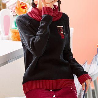 Color-block Cartoon Embroidered Knit Sweater