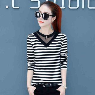 Mesh Panel Long-sleeve Beaded Top
