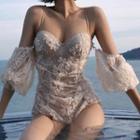 Lace Cold-shoulder Long-sleeve Swimsuit