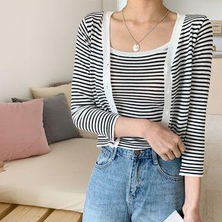 Set: V-neck Stripe Cardigan + Camisole Top Ivory - One Size