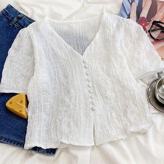Short-sleeve Plain Ruched V-neck Top