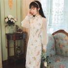 Puff-sleeve Floral Sheer Midi Qipao Dress