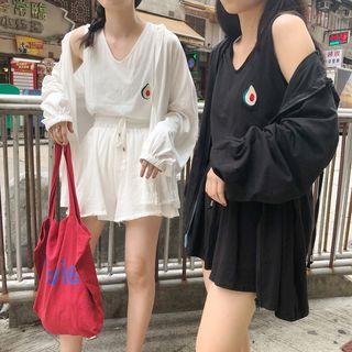 Set: Print Loose-fit Tank Top + High-waist Skort + Plain Loose-fit Jacket