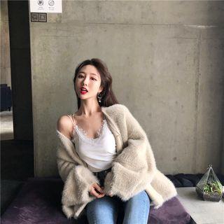 Long-sleeve Furry Button Jacket Camel - One Size