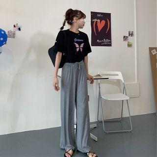 Short-sleeve Butterfly Print Cropped T-shirt / Pants