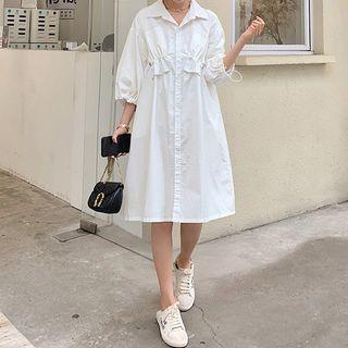 3/4-sleeve Drawstring Midi Shirt Dress