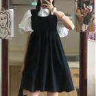 Sleeveless A-line Dress / Ruffle Trim Short-sleeve Blouse