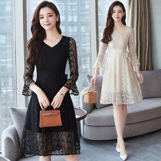 Side Tie Lace 3/4-sleeve A-line Dress