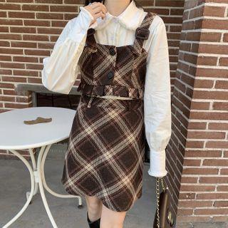 Long-sleeve Shirt / Plaid Vest / Mini A-line Skirt