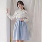 Set: Hanbok Top (floral / Ivory) + Skirt (midi / Sky Blue)