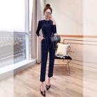 Set: Mock-neck Long-sleeve Top + Striped Cropped Pants