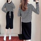 Set: Striped Long-sleeve Knit Top + Plain Midi Pencil Skirt