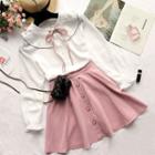 Set : Peter Pan Collar Tie-neck Blouse + Buttoned A-line Skirt