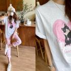Cat Print Loose-fit T-shirt Melange White - One Size