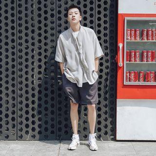 Elbow-sleeve Tie-neck Plain Shirt
