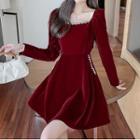 Long-sleeve Square-neck Velvet A-line Mini Dress