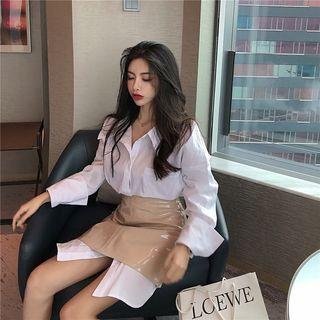 Long-sleeve Mini Shirtdress / Faux Leather Mini A-line Skirt