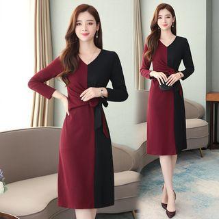 Long-sleeve Contrast-color Midi Sheath Dress
