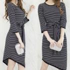 3/4-sleeve Striped Asymmetric Knit Dress
