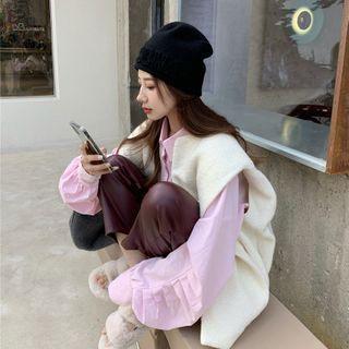 Long-sleeve Plain Loose-fit Shirt / Loose-fit Vest / Faux-leather Pants