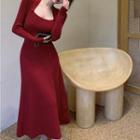 Long-sleeve Square-neck Knit Midi A-line Dress Red - One Size