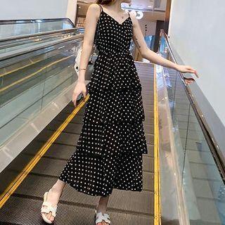 Dotted Spaghetti Strap Layered Midi A-line Dress