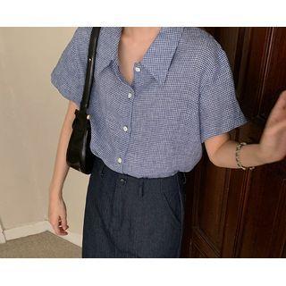 Short-sleeve Gingham Linen Shirt