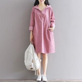 Plain Hooded Long Sleeve Corduroy Dress
