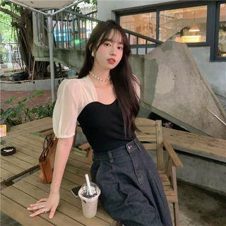 Short-sleeve Paneled Knit Top Black - One Size