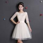Elbow-sleeve Lace Panel Mini Prom Dress