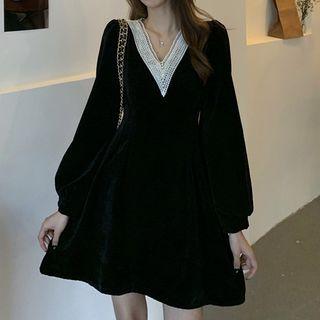 Balloon-sleeve V-neck Velvet Mini A-line Dress