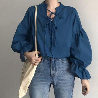 Long-sleeve Frill Trim Ribbon Blouse