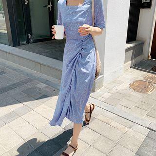 Floral Short-sleeve Midi A-line Dress Blue - One Size