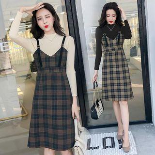 Set: Mock Neck Knit Top + Plaid Midi Jumper Dress