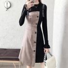 Set: Buttoned Cuff Lantern-sleeve Knit Top + Two-tone Jumper Dress