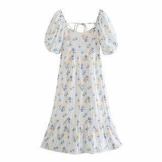 Square-neck Puff-sleeve Flora A-line Dress
