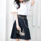 Cold-shoulder Floral Embroidered T-shirt / Pleated A-line Skirt / Chain Belt