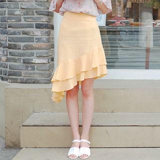 Ruffled Asymmetric-hem Linen A-line Skirt