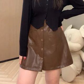 Long-sleeve Button-up Cut-out T-shirt / Mini Pleated Skirt