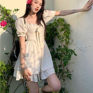 Square-neck Plain Bow Mini Dress